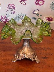 RARE Antique 1860 Craquelle Overshot Art Nouveau Green Bowl On Metal Base