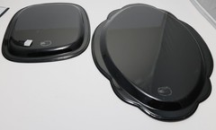 TWO Vtg Tole, Toleware Black Metal Trays, Hand-Painted Florals w/Gold Trim Edges