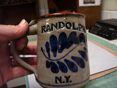 RANDOLPH, NY, BLUE AND GRAY STONEWARE COFFEE MUG, NEW YORK, SIGNED