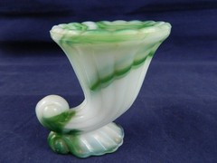 AKRO-AGATE #765 CORNUCOPIA TOOTHPICK HOLDER GREEN/WHITE SLAG GLASS, SET OF 2