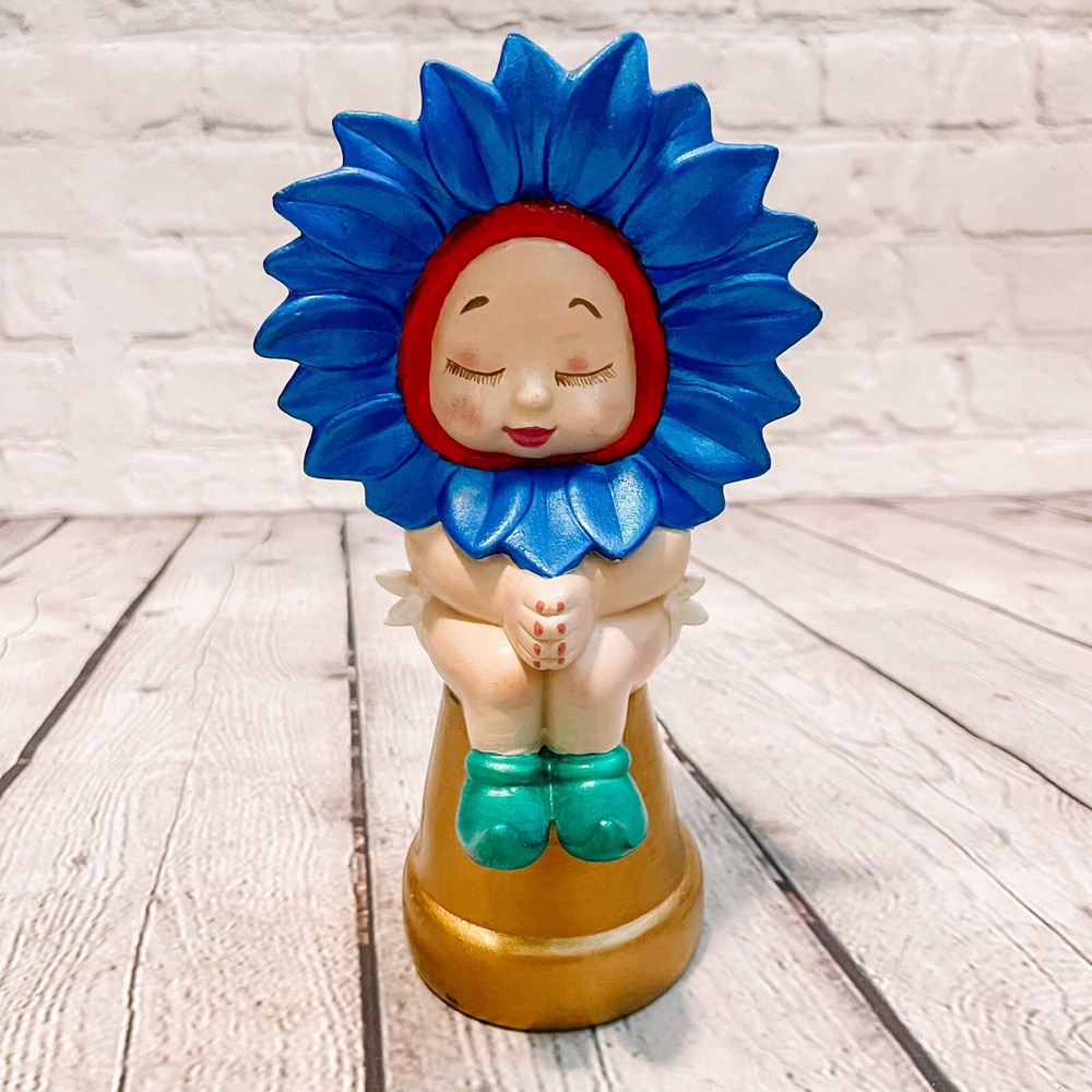 Vtg Ceramic Sunflower Baby Figurine Hand Crafted Flower Head Gold Blue Figure