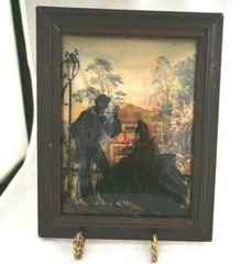 Pair 1940 Convex Glass Matching Silhouettes Couple Guitar Serenade