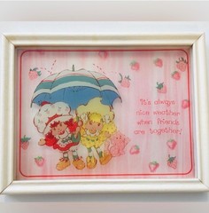 Set 4 Vintage Strawberry Shortcake Reverse Painted Glass Pictures 1980 ORIGINALS
