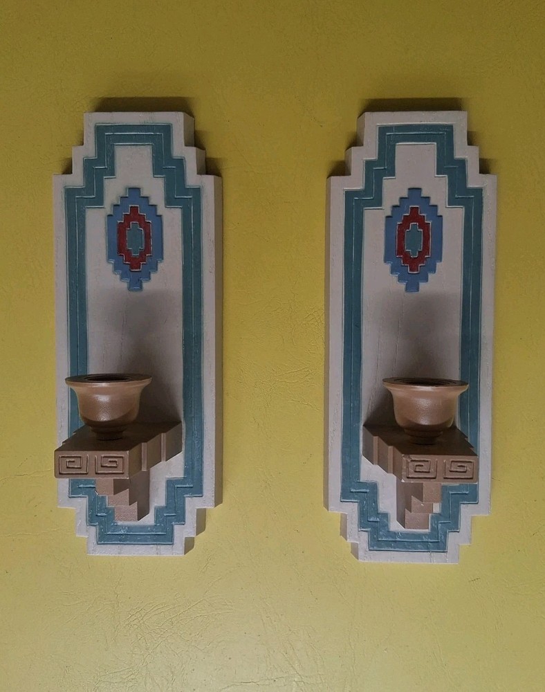 Vintage Burwood Southwest Decor Home Interiors Aztec Wall Sconces Candle Holders