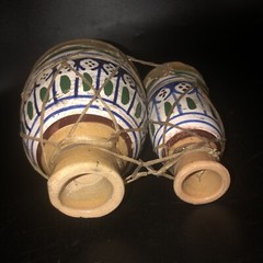Pair ❤️ Joined Vintage Hand Painted Pottery BONGO DRUMS Retro Skin Ceramic
