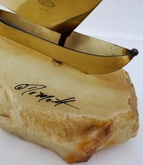 MCM Brass Sailboat 13″H Signed De Mott Sculpture Onyx Base Clipper Ship Sailing
