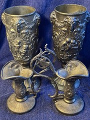 Italian PELTRATO 90% Pewter Art Nouveau Cherub Goat Ewer-Antique SET Of 2 Lg