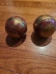 (2) Vintage Decorative Balls Brown Wood Sphere Embossing Brass Metal Inlay