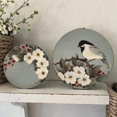 2 VTG Hand Painted Round Wood Lid Dogwood Berries Chickadee Bird Farmhouse Decor