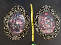 This Is A Set/ 2 VTG Italian Floral Wall Hanging Ornate Brass Frame Convex Glass
