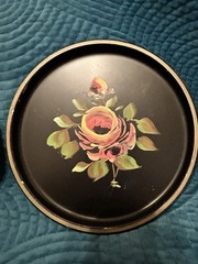 Vintage Hand painted Toleware On Metal -4 Pieces W Gorgeous Fruit & A Pink Rose