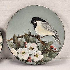 2 VTG Hand Painted Round Wood Lid Dogwood Berries Chickadee Bird Farmhouse Decor