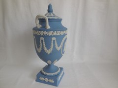 1968 Wedgwood Blue Jasperware Erato & Urania 11.5″ Tall Urn w/ chip underneath