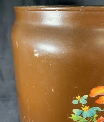 VTG Hand Painted CANCO Toleware Metal Trashcan / Can Floral Roses Brown 13”