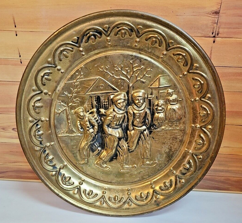 Vintage Brass Wall Decoration; 10″ Round Relief; Three Boys Ice Skating