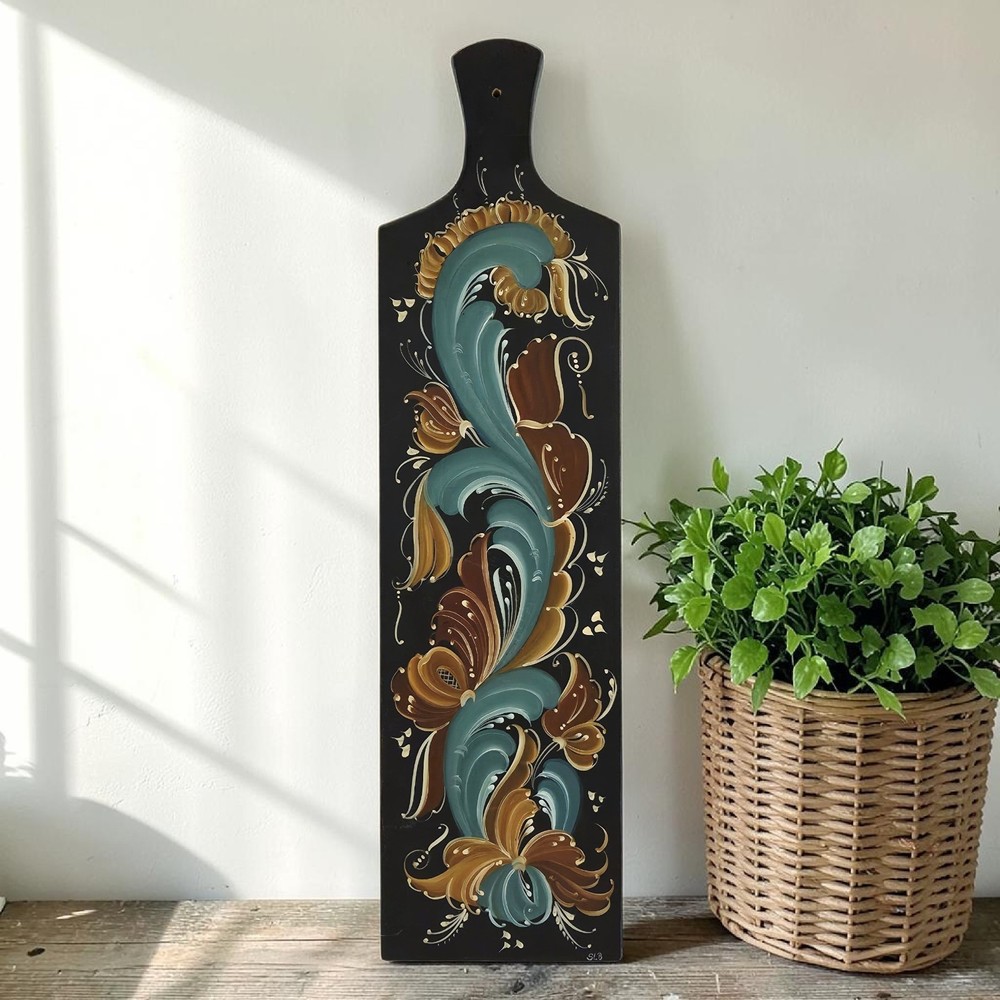 VTG Hand Painted Rosemaling Wood Bread Cutting Board Farmhouse Folk Art 19.5″