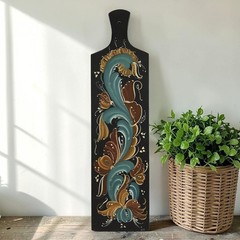 VTG Hand Painted Rosemaling Wood Bread Cutting Board Farmhouse Folk Art 19.5″