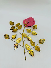 Vintage Home Interiors HOMCO Pink Rose Brass Leaves 3D Metal Wall Decor Set of 2