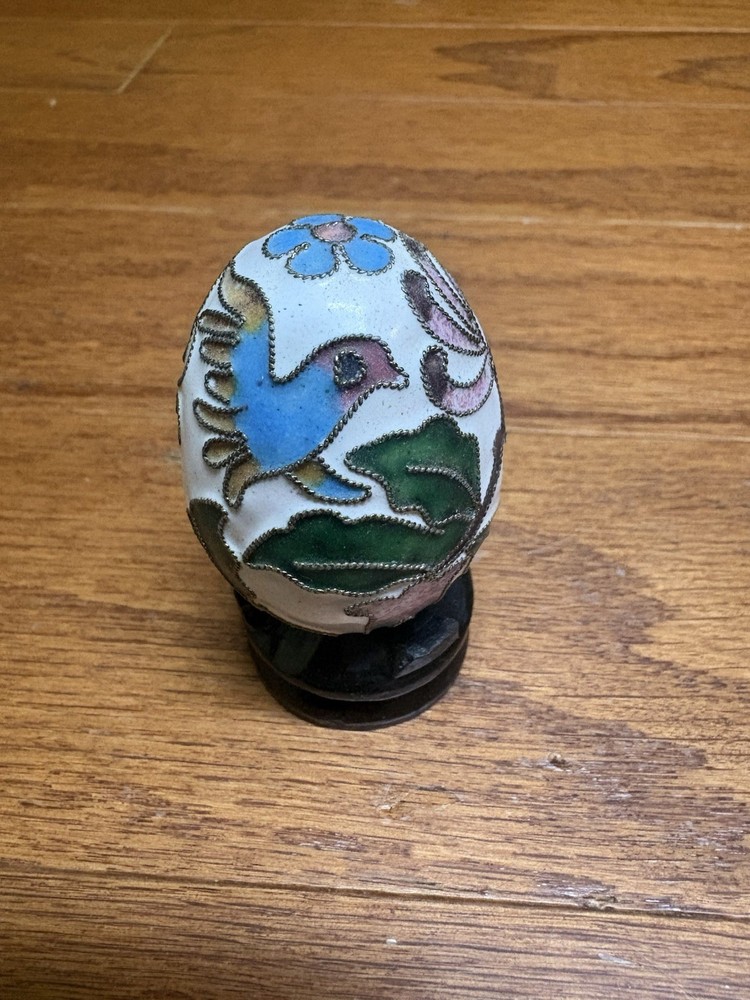 Vtg Cloisonne Enamel Egg On Wooden Stand Blue Bird & Floral