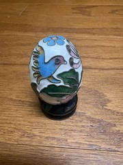 Vtg Cloisonne Enamel Egg On Wooden Stand Blue Bird & Floral