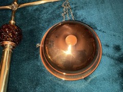 VINTAGE AMBER GLASS COPPER & BRASS ” SCALES OF JUSTICE” MID CENTURY RETRO