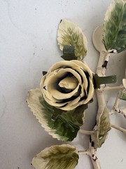 Vintage Toleware Metal Wall Hook W/Cream Roses & Green Leaves Cottagecore 7.5”