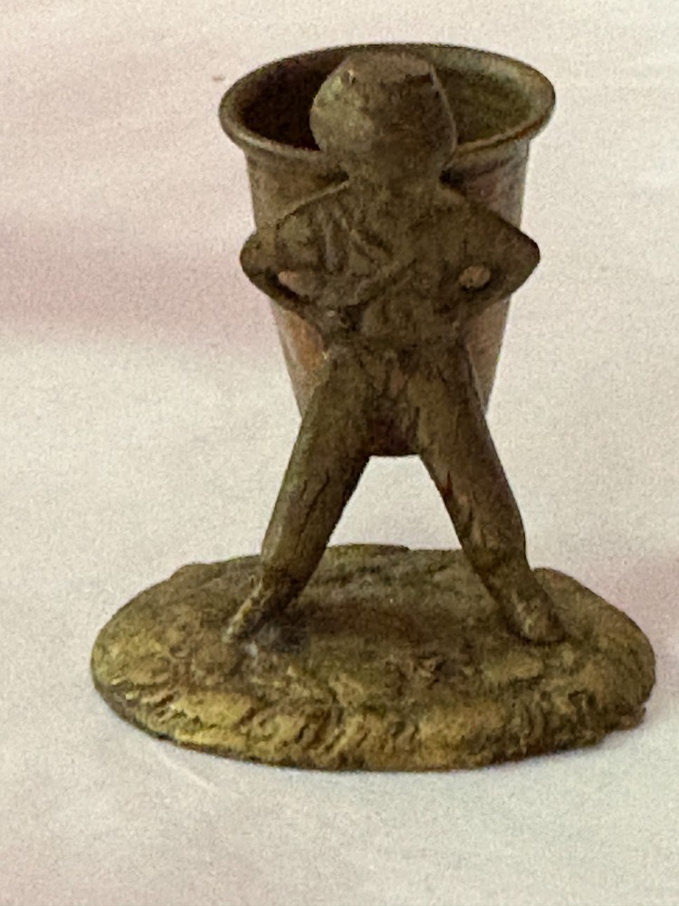 Vintage Brass Toothpick/Match Holder, Thimble Basket Held Up By boy/man 2” H