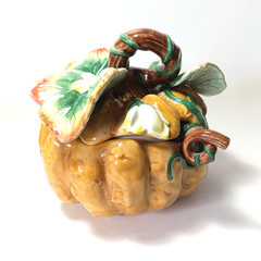Fitz and Floyd Gardening Gourmet Majolica Pumpkin Jar with Lid and Spoon 1980’s