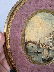 VTG Gold Gilt Italian Florentine Wood Oval Wall Picture Plaque Venice Pink Art