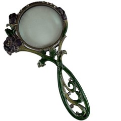 Art Nouveau Style Handheld Magnifying Glass Floral Rhinestone Enamel Rose Decor