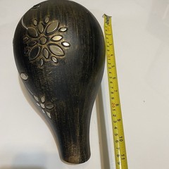 Distressed Black Carved Wood Vase with Silver Metal Floral Inlay Artisan Decor