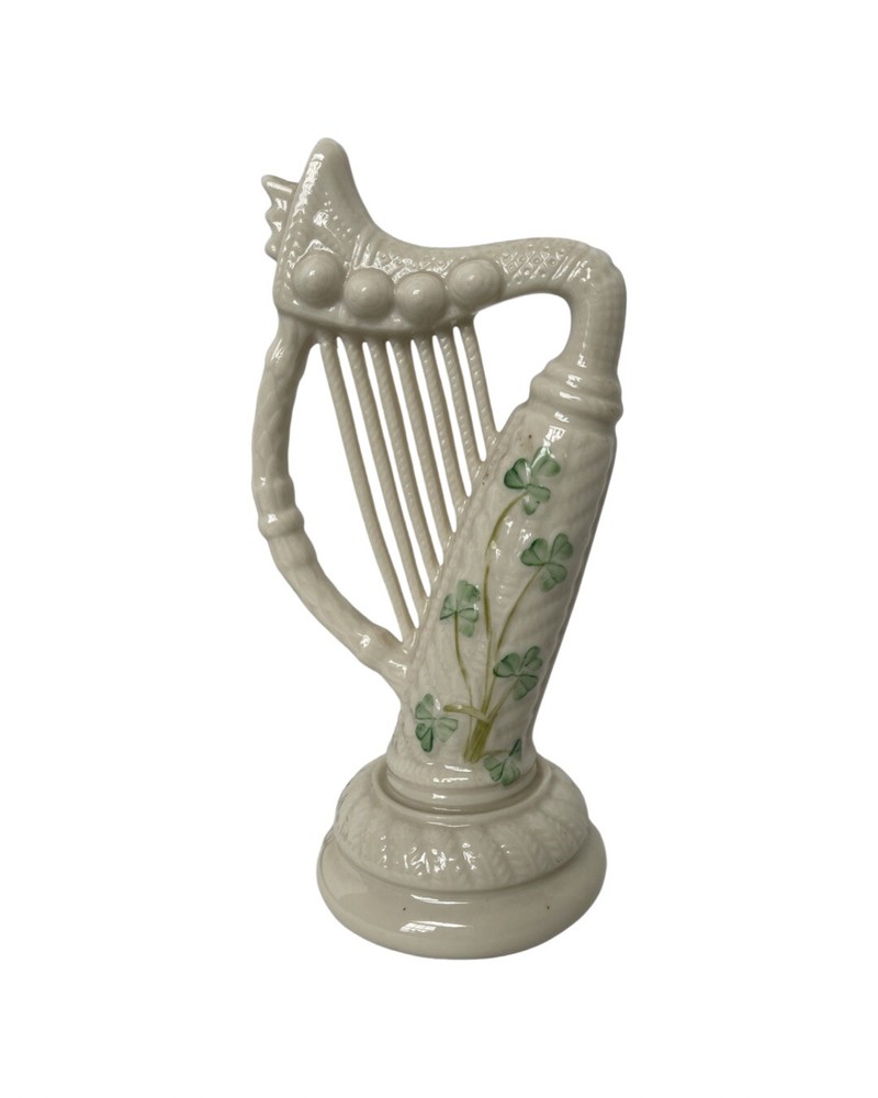 Vintage Belleek 6” Celtic Harp Made in Ireland w/ Shamrocks Collectible Figurine