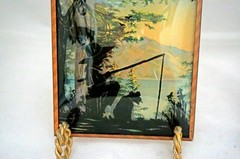 Pair 1940 Convex Benton Glass Matching Silhouettes 4×5” Boy w/ Rake & Fishing
