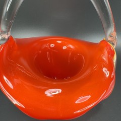 Vintage 1980s Venetian Art Glass Basket Bowl With Handle Red White Art Glass VTG