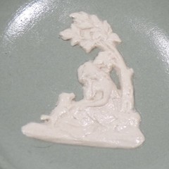 Jasper Ware Green Pin/Ring/Trinket Dish 2.25″W Lady & Dog Relief Dudson England
