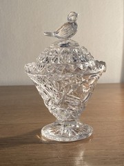 Vtg Hofbauer Byrdes Lead Crystal Glass Jam Trinket Vanity Compote Dish Bird Lid