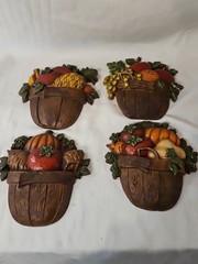 Set Of 4 Vintage Sexton 1978 Metal Wall Plaque Art Vegetables/Fruits n Baskets