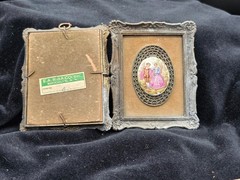 Vintage Pair Ornate Cast Metal Frames Limoges Style Porcelain Romantic Plaques