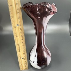 1980s Art Glass Vase Purple With White Spots Wavy Ruffled Top Edges Glass Vase