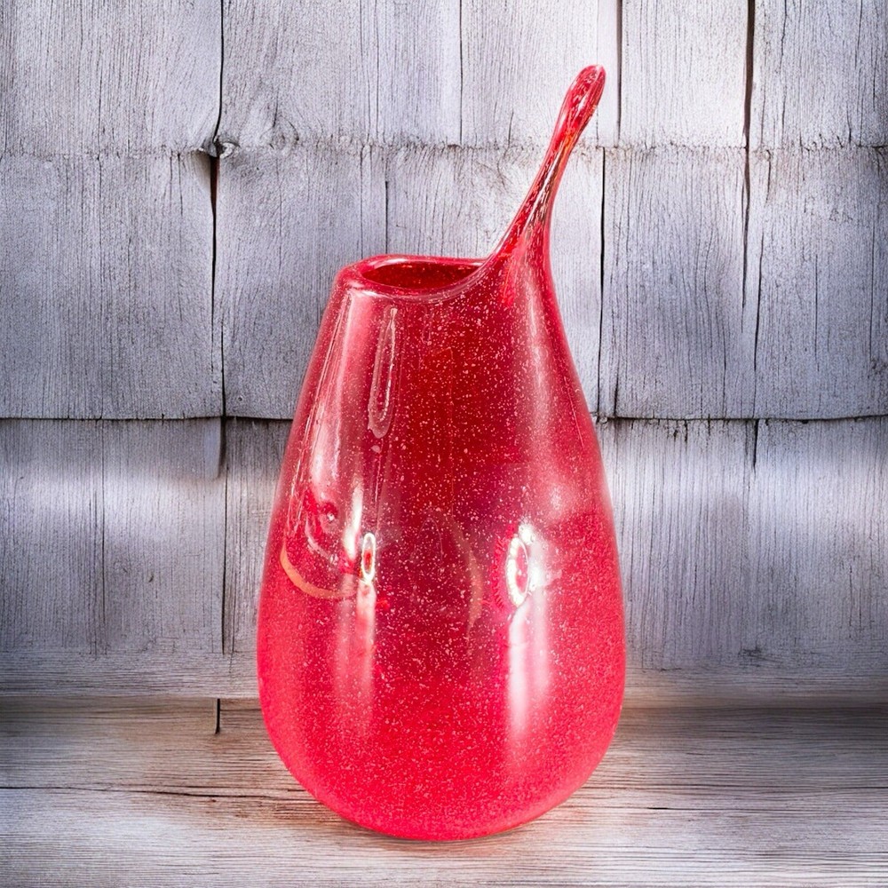Hand Blown Studio Art Glass Vase Hand Made Glassware Vessel Red Open Top Vase