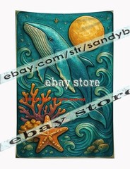 Whale Moon Ocean Relief Tapestry 3D look Wall Art coastal decor 39X59 in