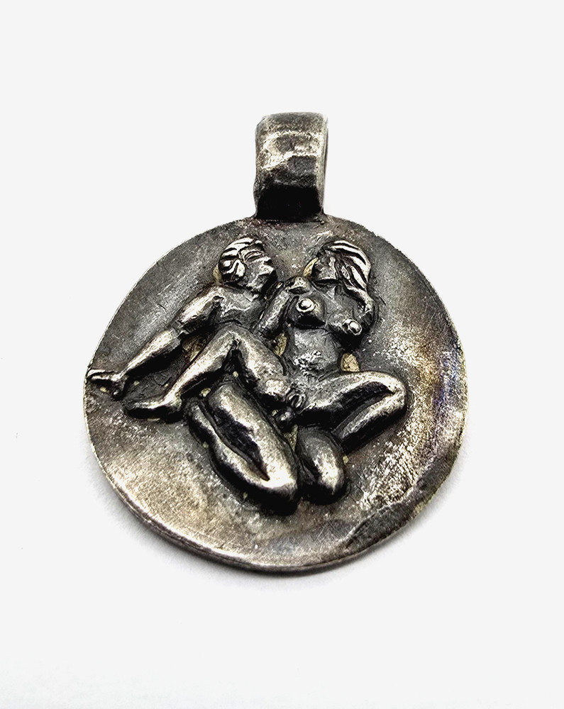 Ancient Roman Erotic Silver Medallion Pendant Classical Relief Couple Artifact