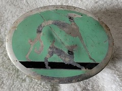 Vintage Green & Black Art Deco Footed Trinket Box W/ Dogs & Felt Insert