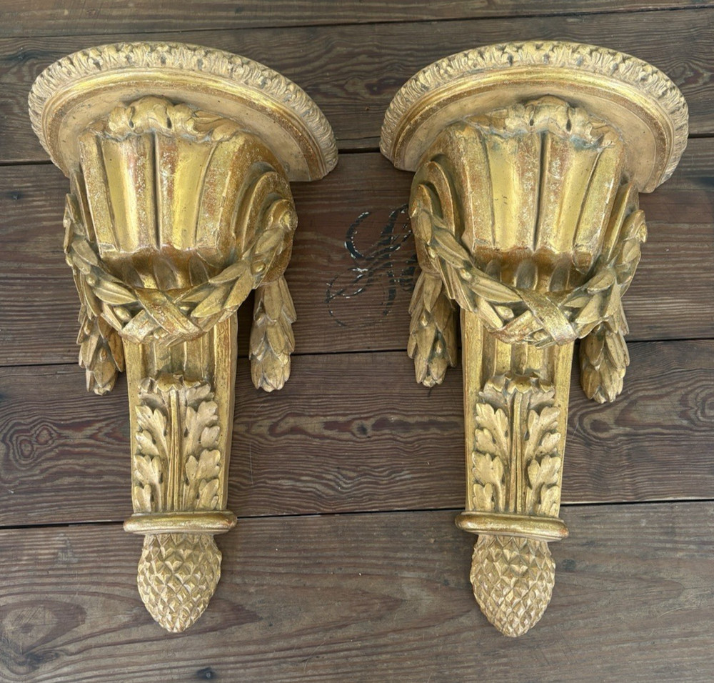 Pair Vintage Italian Borghese Wall Shelves Gold Gilt Florentine Neoclassical 17”