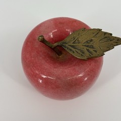 Vintage Alabaster Marble Fruit Red Apple with Brass Stem & Leaf