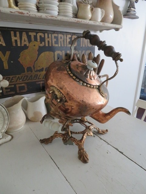 Old Copper TILTING TEA KETTLE on Ornate BRASS STAND White Porcelain Handles