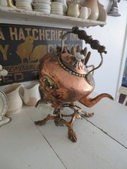 Old Copper TILTING TEA KETTLE on Ornate BRASS STAND White Porcelain Handles