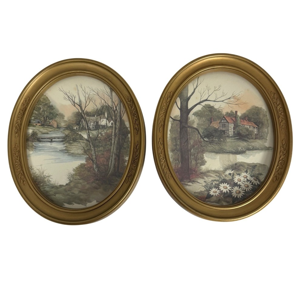 Vintage HOMCO Gold Toned Oval Frames Pair Countryside Themed Prints MADE IN USA