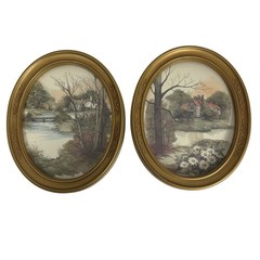 Vintage HOMCO Gold Toned Oval Frames Pair Countryside Themed Prints MADE IN USA