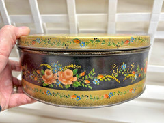 Vintage Toleware Candy Tin ~ Round Lid Covered Box ~ 10 inches in diameter